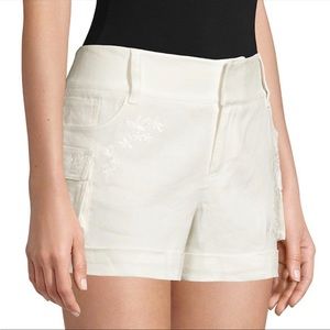 NWT, Alice + Olivia Cady Embroidered Linen-blend Cuff Cargo Shorts